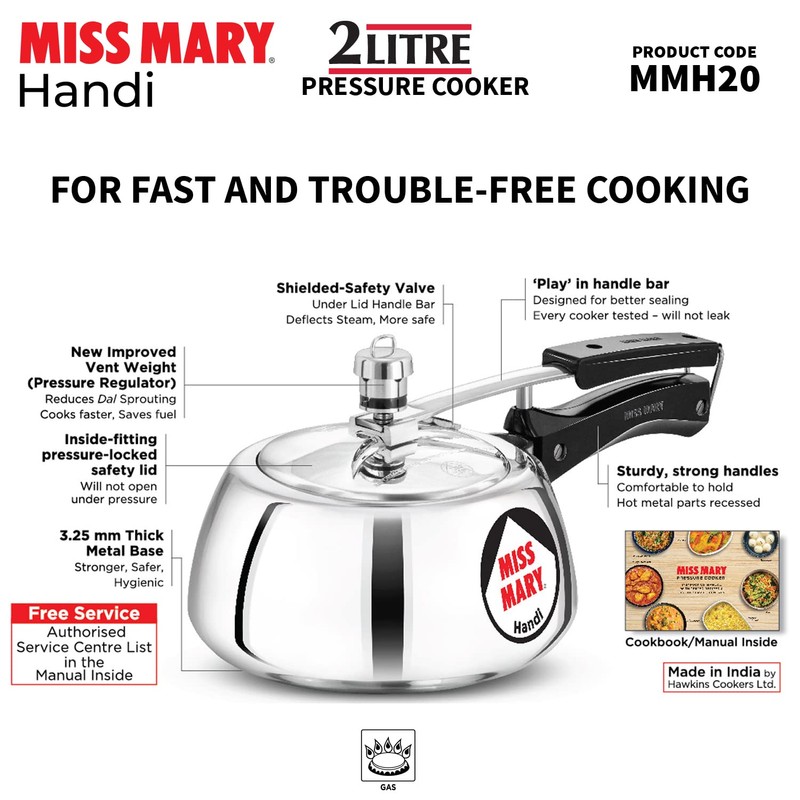 Hawkins 2 Litre Miss Mary Handi Pressure Cooker, Small Inner