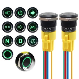 FILN 2PCS 19mm (3/4'') Pushbutton Switch 12V 24V DC on-Off with LED Head 1NO1NC with Wire Socket Black Plated Plug for Car Instrument Light(Black Plated Momentary Green)