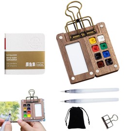 6 pcs Mini Canvas and Easel, 8 Grids Wooden Travel Paint Palette, Pocket Artist Watercolour, Mini Watercolour Sketchbook, Craft Oil Acrylic Painting & Drawing Artist