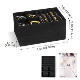 ProCase [Set of 4] Stackable Jewelry Organizer Trays for Drawers, Jewelry Display Case Storage Container for Earring Necklace Rings Bracelet with Removable Dividers -Allblack