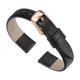 uxcell Black Genuine Leather Band 12mm Width, Flat Thin Elegant Leather Watch Strap Rose Gold Buckle for Men and Women