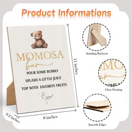Mom-osa Bar Bubbly Bar Sign Baby Shower Sign-8×11 Inches, Little Bear Wooden Sign, Gender Neutral Tabletop Decor for Gender Reveal Party, Baby Shower Party Favors Supplies Decoration-LA58