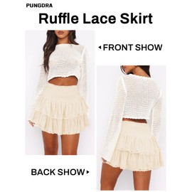 Pungdra Womens Ruffle Lace Mini Skirt Beige Medium Athletic Golf Tennis Skort Boho Tiered High Waist Flowy Skirts