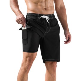 SILKWORLD Mens Swim Trunks with Compression Liner Quick Dry Bathing Suits 10 Inch Swim Shorts with Cargo Pockets, (Black), 36