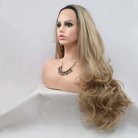 xiweiya Wigs Long Natural Wavy Wig Ombre Blonde Synthetic Lace Front Wigs with Dark Roots Side Part Long Blonde Hair Replacement Wig for Women, Drag Queen Makeup 24inch