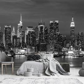 YQWDMX - Black and White City Night View Wallpaper for Bathroom Background Wall Decor (Not Peel and Stick)