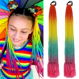 2 Pieces Rainbow Braiding Hair Extension Ponytail with Hair Tie 24" Colored Braids Ponytail Hair Extensions Synthetic Braided Hairpieces Hair Accessories for Women Girls Festival Rave Party