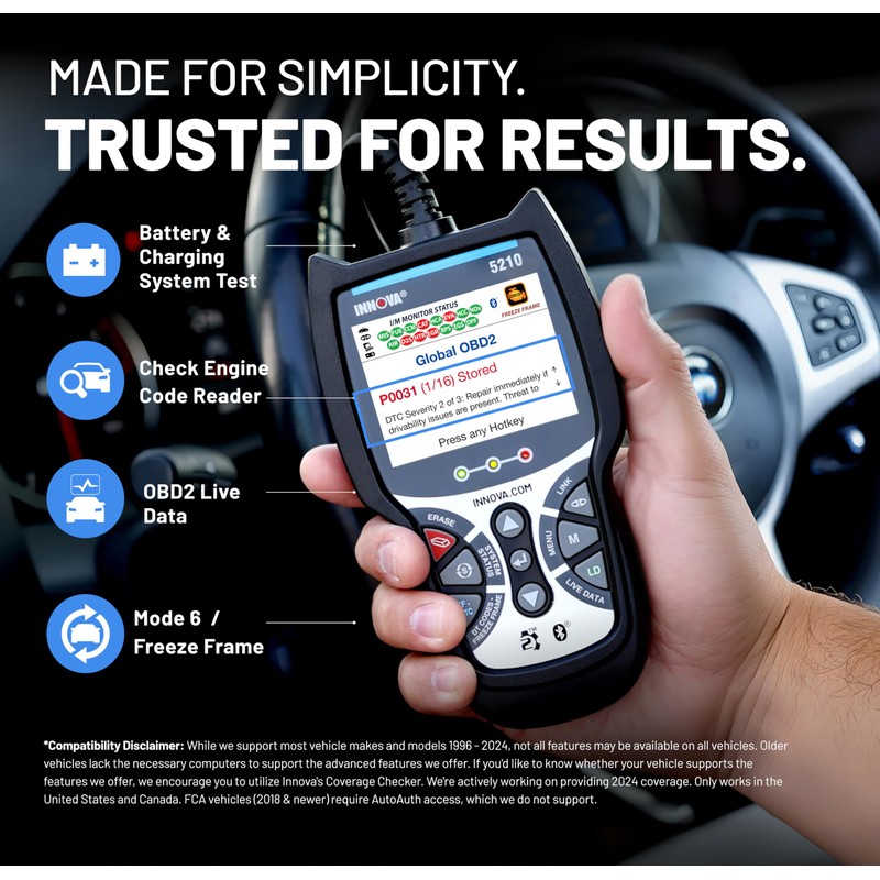 Innova 5210 OBD2 Scanner & Engine Code Reader, Battery Tester,