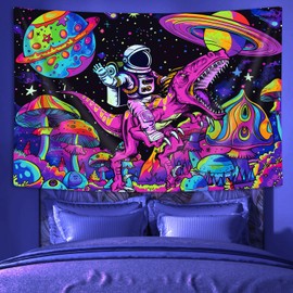 MDUKOIN Funny Space Astronaut Dinosaur Mushroom Blacklight UV Tapestry Poster Black Light Galaxy Universe Planets Cool Tapestries Wall Hanging for Teens Boys Men College Dorm Bedroom 60X40in