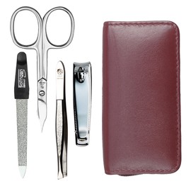Manicure Set 4-Piece Travel Case - Nail Scissors, Nail Clippers, Nail File and Tweezers - Case Made of Genuine Nappa Lambskin Leather - Manicure and Pedicure (Bordeaux)