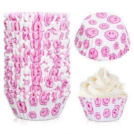 Whaline 300Pcs Smile Face Cupcake Liners Preppy Smile Party Baking Cups Pink Smile Standard Muffin Cupcake Wrappers for Party Supplies