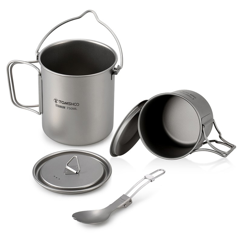 TOMSHOO Lightweight Titanium 3 Pieces Set Titanium 750ml Pot 350ml