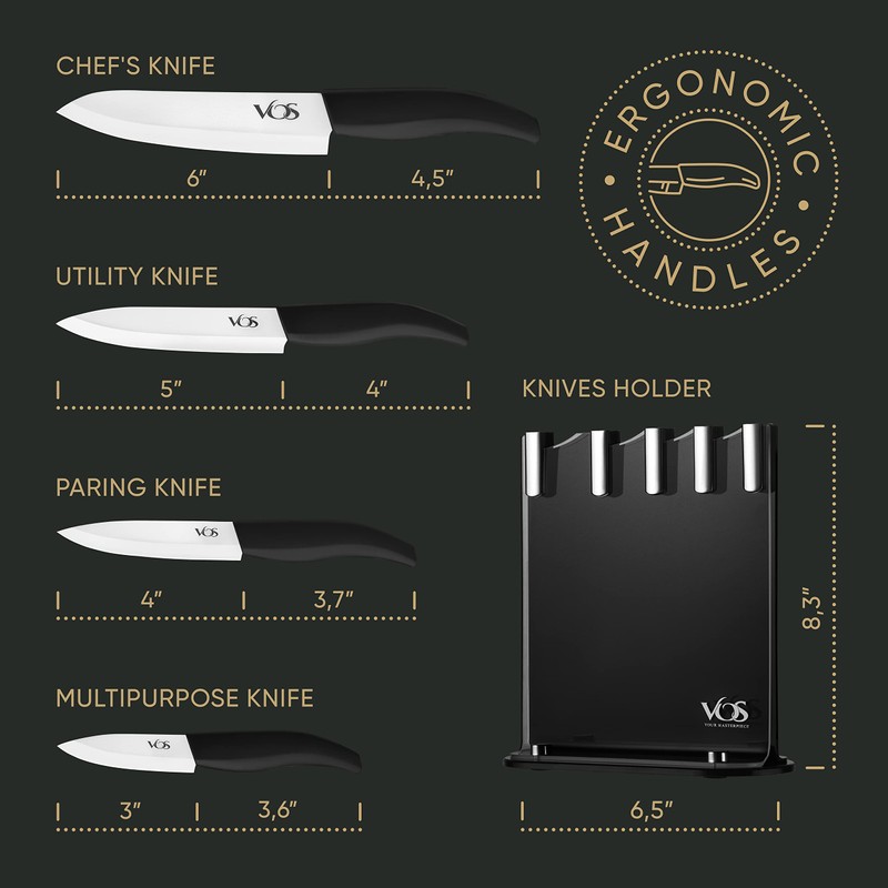Vos Ceramic Knife Set with Block, Ceramic Knives Set For