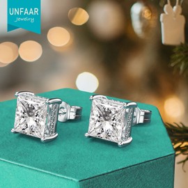 UNFAAR 18K White Gold Plated Sterling Silver Princess Cut Cubic Zirconia Stud Earrings Square CZ Diamond Stud Earrings for Women Men Hypoallergenic (8MM, Clear)
