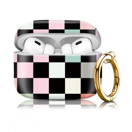 Compatible with Airpod pro 2nd/1st Generation Case Cover with Gold Round Keychain Cute Pattern Hard & Anti Slip Cover for Men Women & Girls（Colorful Squares）