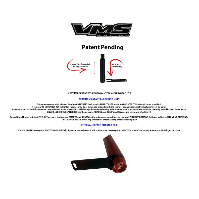 VMS RACING 50 CAL Caliber BLACK BULLET ANTENNA with ANTI-THEFT