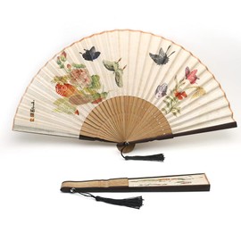 1SourceTek Silk Hand Held Folding Fans 8.27 inches (21cm) Women Hand Held Folding Fans With a Fabric Sleeve Protection for Gifts - Chinese Retro Style (Colorfu Butterfly)
