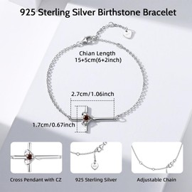 YZSFMZGE Birthstone Bracelet 925 Sterling Silver January Birthstone Bracelets for Women Cross Heart Garnet Adjustable Bracelet Birthstone Jewelry Gift for Birthday