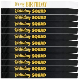 12PCS Birthday Squad Sash Pack It's My Birthday Sash Glitter Letter for Women Funny Party Favors Decorations Black Gold