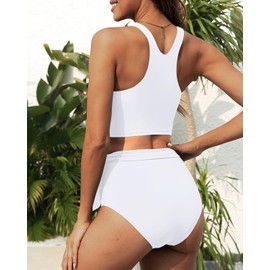 Aqua Eve Women High Waisted Bikini Set Racerback Swimsuit Two Piece Bathing Suit High Neck Swimwear White Medium