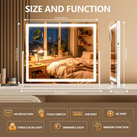 Batuso Vanity Mirror with Lights, 26'' x 22'' Lighted Makeup Mirror, Touch Screen with 3-Color Lighting, Dimmable for Vanity Desk Tabletop Square White