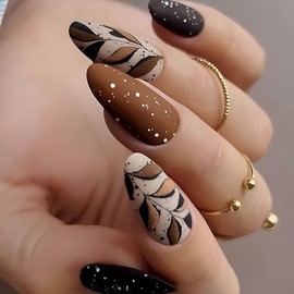 Fall Press on Nails Medium Almond Fake Nails Black Matte Acrylic Nails with Autumn and Winter Leaves Designs Press on False Nails Full Cover Artificial Nails Stick on Nails for Women 24Pcs