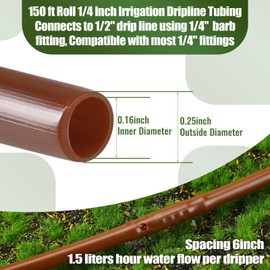 Innconee 1/4 Inch Drip Irrigation Tubing Hydroponics Dripline Hose with 6 Inch Emitter Spacing Irrigation Drip Line Emitter Tubing for Gardens Efficient Raised Beds Flower Watering(Brown,150 ft)