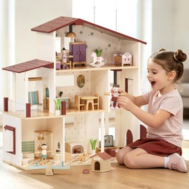 Lehoo Castle Wooden Dollhouse for Girls, Doll House with 5 Rooms DIY Play