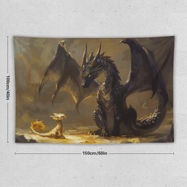 Wall Art Tapestry Fantasy Black Dragon Small Cute Golden Dragon Tapestry Aesthetic Wall Deocr for Office Bedroom Living Room Decor for Men And Woman Backdrop Wall Hanging Tapestries 40"x60"