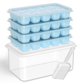 DOQAUS Ice Cube Tray with Lid and Bin - 4 Pack Silicone Ice Cube Trays for Freezer, Stackable Ice Bucket Kits with Storage Container & Scoop for Kitchen, RV, Cocktail, Coffee