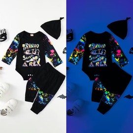 Aslaylme Baby Boy Outfits Dinosaur Clothes Tyranno Saurus Rex Bodysuit (Black, 12-18 Months)