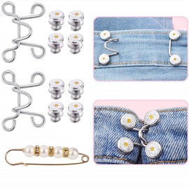 3 Set Adjustable Waist Buckles, 2 Sets Nail-Free Adjustable Waist Buckle Extender Set and 1 Pcs Pearl Safety Pin Jeans Tighten Waist Adjustment Button Perfect Fit Instant Button for Pants