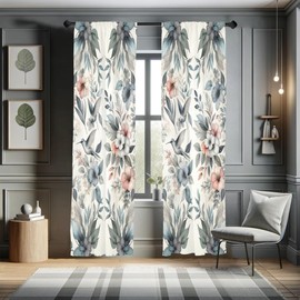 Ambesonne Birds and Nature Curtains, Muted Tone Leafy Floral Huddles with Hummingbirds Urban Jungle, Window Treatments 2 Panel Set for Living Room Bedroom, Pair of - 28" x 95", Blue Grey Dried Rose