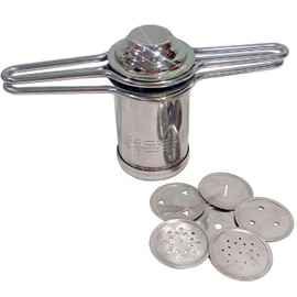 SRIYUG Kitchen Dough Press Dab sev Sancha Stainless Steel Press Sev Sancha Machine Press Murukku Maker Traditional Sorya Idiyappam Maker with 6 Jali, Medium, Silver, SY00149