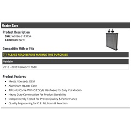 Marketplace Auto Parts Heater Core - Compatible with 2013-2019 Kenworth T680