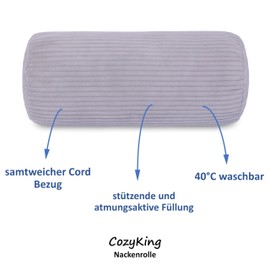 Neck Bolster Corduroy Silver / Light Grey Neck Pillow Oeko-Tex 100 Certified and Washable at 40°C - Neck Support Pillow with Cover for Car, Plane, Travel or for Reading and Relaxing at Home - 15 x 40 cm