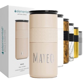 Elemental Artisan Insulated Tumbler, 16oz Triple Wall Stainless Steel Coffee Travel Tumbler with Ceramic Lid, Keeps Hot & Cold Drinks for 6 & 18 Hours - Beige