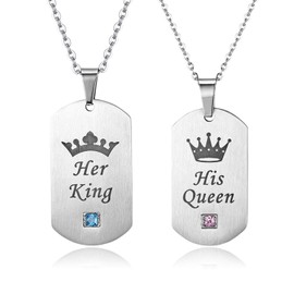 OIDEA 2 x Stainless Steel Couples Dog Tag Necklaces Black with Her Beast His Beauty Chains with Zirconia Gifts for Men and Women with/Without Engraving, Stainless Steel, No Gemstone