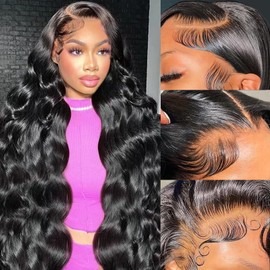 kiotioy Body Wave Lace Front Wig 13x4 HD Lace Frontal Human Hair Wigs for Women 180 Density 100% Human Hair Lace Front Wigs Pre Plucked Bleached Knots with Baby Hair 28 Inch, Natural Black