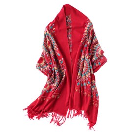 Urban CoCo Women's Embroidered Oversize Tassel Shawl Scarf Wraps for Women (Red)