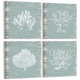 HOMEOART Coastal Pictures Coral Painting Canvas Wall Art Bathroom Decor Picture Beach Theme Artwork Home Decor Framed Ready to Hang 12"x12"x4 Pieces