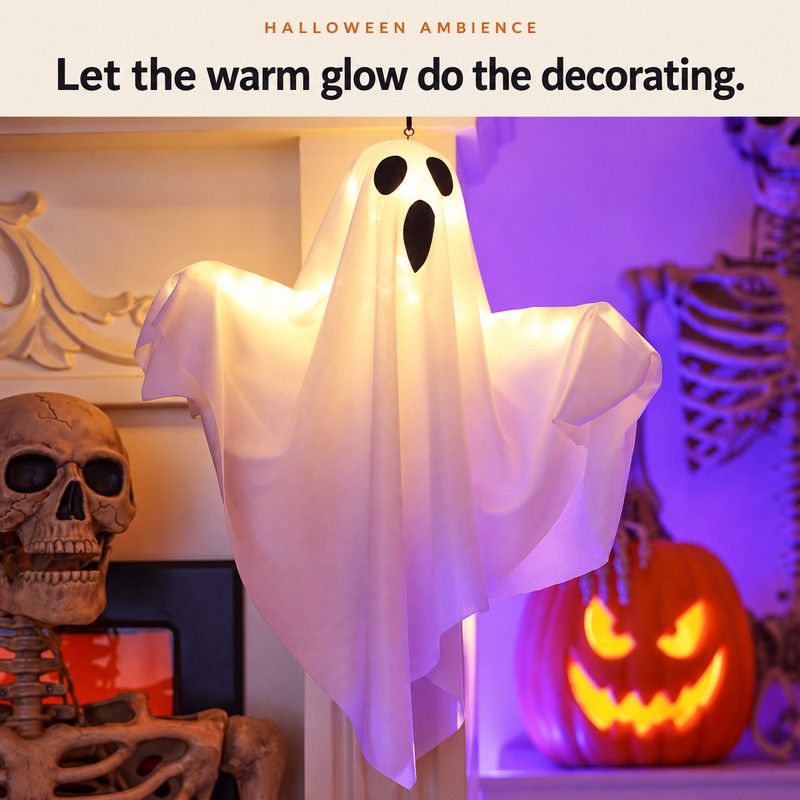 2-Pack Light-Up Hanging Ghost Decorations for Halloween – Warm LED