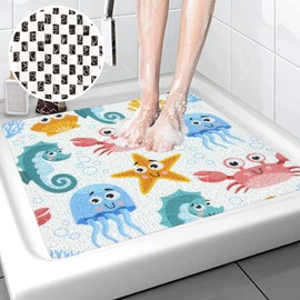 Non-Slip Shower Mats Square, Soft Comfort Textured PVC Loofah Bathroom Bathtub Mat for Elderly, Pregnancy, Kids (Cartoon Octopus, 60x 60 cm)