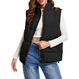 Polu Puffer Vest Women Zip Up Stand Collar Sleeveless Down Vests Oversized Padded Gilet Jacket(Black,L)