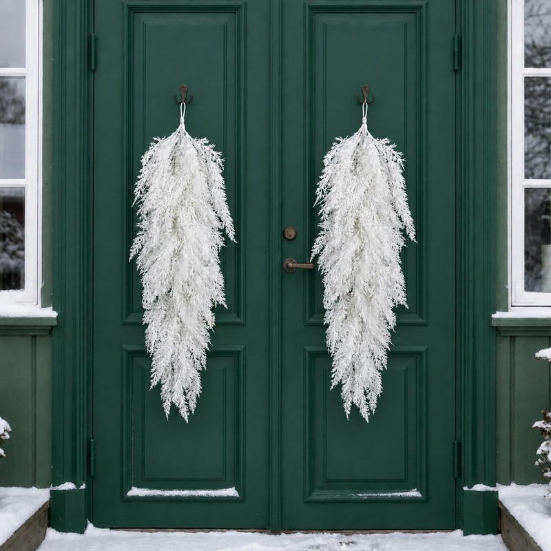 2 Pcs White Christmas Pine Door Swag, 28'' Artificial Cedar