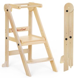 Foldable Toddler Kitchen Stool Helper, Toddler Tower with 3 Adjustable Height, Wooden Toddler Step Stool, Collapsible Toddler Tower, Toddler Stool for Kitchen and Bathroom (Nature)