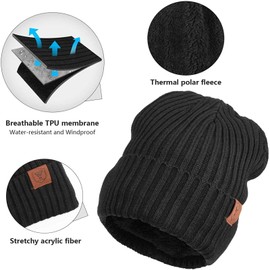 OZERO Winter Beanie Hat for Men and Women: Warm Knit Skull Hat with Thermal Thick Polar Fleece Lining Snow Cap Winter Gifts for Family and friends - Black