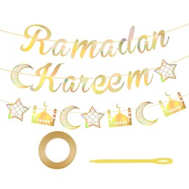 Ramadan Kareem Banner, 3 Sets Eid Mubarak Banner Hanging Garlands, Ramadan Decorative Moon Star Castle Garland for Muslim Islamic Ramadan Kareem Party Decor (Gold Laser)