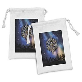 Ambesonne Geometry Fabric Pouch Set of 2, Hexagon Form with the Eye in the Centre on Starry Night Mystic Image, Small Drawstring Bag for Toiletries Masks and Favors, 9" x 6", Multicolor
