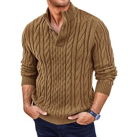 Runcati Mens Cable Knit Pullover Sweater Casual Stand Collar Chunky Buttons Fall Winter Sweaters Khaki